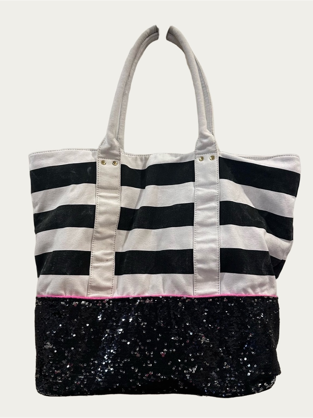 Deux Lux Black and White Striped Tote Bag with Sequins